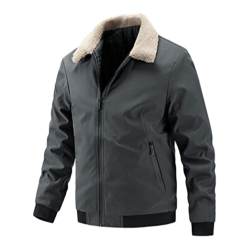 Maiyifu-GJ Men's Faux Fur Collar Bomber Jacket Winter Warm Zipper Lapel Vintage Coat Lightweight Thermal Trucker Coats (Grey,Large)