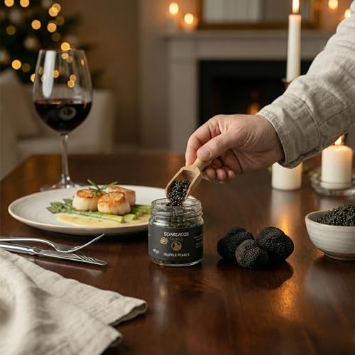 Spartacus Truffle Trüffelperlen 40g – Gourmet Trüffel-Pearls (50% Perlen & 50% gehackter Trüffel) – Luxuriöse Dekoration für Pasta, Steak, Sushi & Feinschmeckergerichte