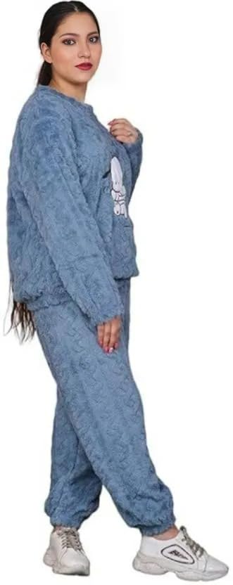 Image of Women's Fur Long Sleeve Nightsuit | Regular Fit Warm Top and Pyjama Set | Winter Wear Sweatpant Set for Women