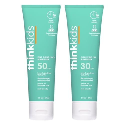 Image of Thinkkids SPF 50+ Mineral Sunscreen, 3 oz + Thinkkids SPF 30 Clear Zinc Oxide Sunscreen, 3 oz, Water Resistant, Broad Spectrum UVA/UVB Sun Protection