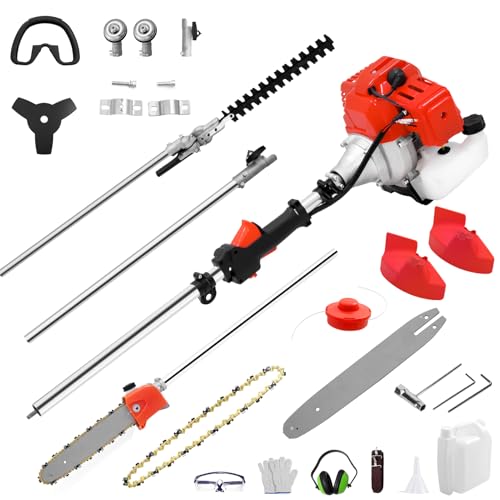 52cc 5 in 1 Pole Hedge Petrol Trimmer Cordless, Long Reach Functional Petrol Strimmer Garden Tool, Hedge Trimmer Extendable Telescopic, Pruner Chainsaw Petrol Grass Trimmers 134cm Reach