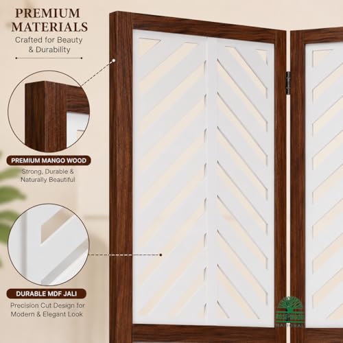 Image of Wooden Room Divider 6 Feet, 4-Panel Folding Wooden Partition for Living Room, Office, Pooja Room, Restaurant, Kitchen & Balcony (2W x 1.82H Meters). (White-Tree Pattern)