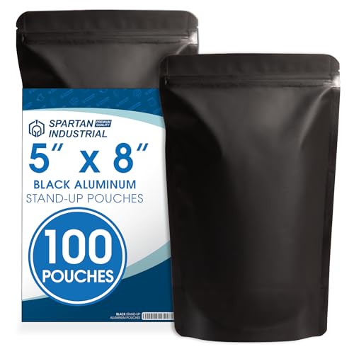 Spartan Industrial 5' X 8' Matte Black Stand-Up Pouch Bags - 100 Count Smell-Proof Mylar Bags With Heat Sealable Opening and Resealable Zipper