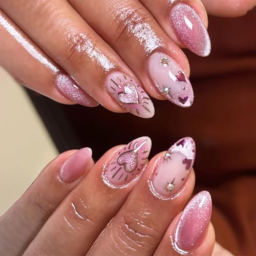 24Pcs Pink Press on Nails Short Almond Fake Nails Gold Heart Star with 3D Rhinestones Designs Glitter Full Cover Stick on Nails Reusable Cute Nails French Tip False Nails for Women Girls Acrylic Nails