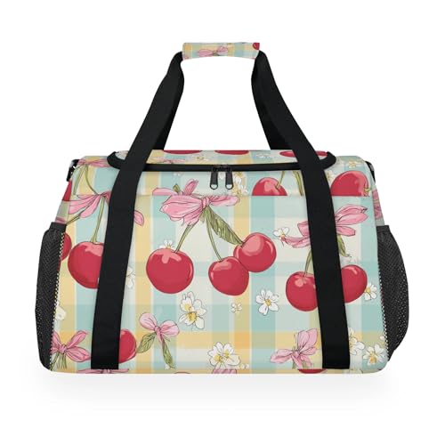 Bow Cherry Plaid Flower Travel Duffel Bag Weekender Overnight Bags for Women Men Foldable Waterproof Tote Bag with Trolley Sleeve
