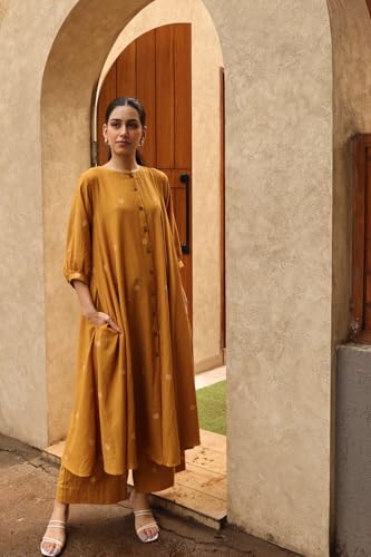 Image of GoSriKi Women's Pure Cotton Anarkali Kurta with Plazzo | Front Button Style Kurti Set for Woman | Cotton Kurta Set for Woman | Anarkali Suit for Women | Comfortable Ethnic Set