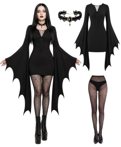 Aileam Halloween Morticia Addams Costume Gothic Witch Dress Sleeves Women Velvet Black Long Dress Outfit Cosplay Party