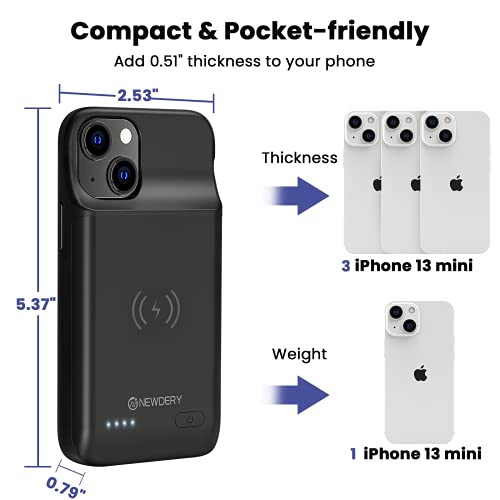 Newdery Battery Case For Iphone 13 Mini/12 Mini, 4700Mah Portable Rechargeable Battery Pack, Wireless Charging Case Extended Battery Charger Case For Iphone 13 Mini (5.4") Black #TOP7