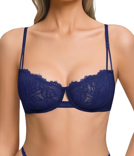 Avidlove Lace Bras for Women Sexy Balconette Lace Floral Bra Sheer Mesh Bras Unlined Underwire Lingerie Bra Navy Blue