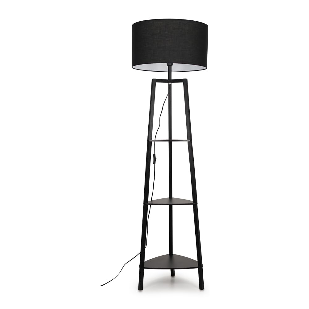 MiniSun | Black Wooden 3 Tier Floor Standard Lamp with Storage Shelves Bedroom Living Room Lounge Light - Black Shade + LED Bulb | Floor Lamps & Home Improvements Essential