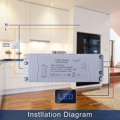 VARICART 24V LED Driver Dimmable TRIAC, 60W 2.5A LED Transformer 240V AC to 24V DC Constant Voltage Power Supply Adaptor, Regulated Low Voltage Transformers for Strip Light G4 MR11 GU5.3 Light Bulbs