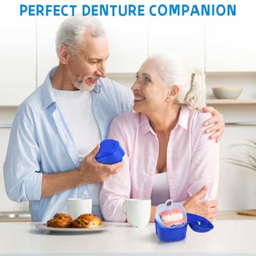 KISEER 2 Pack Colors Denture Bath Case Cup Box Holder Storage Soak Container with Strainer Basket for Travel Cleaning (Light Blue and Blue) - Thumbnail 5