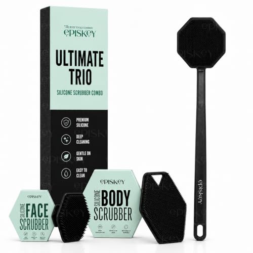 Image of Episkey Ultimate Trio Bath Scrubber Combo | 3-in-1 Silicone Face, Body & Back Scrubber Combo | Deep Cleansing & Gentle Exfoliation | Long Handle for Hard-to-Reach Areas | Bath Accessories for Men & Women