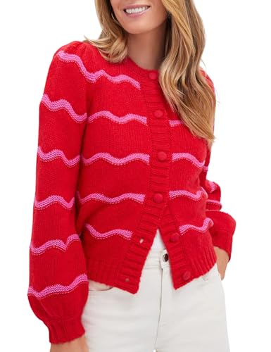 Omoone Wavy Striped Cardigan Sweaters for Women Casual Open Front Balloon Sleeve Button Down Knitted Outerwear