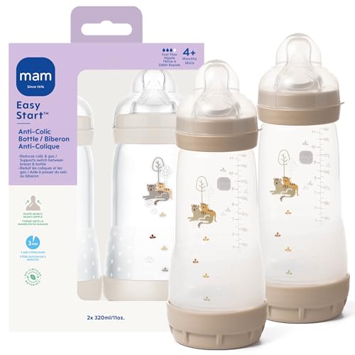 Image of MAM 11oz Easy Start Anti-Colic Wide Neck Baby Bottle, Fast Flow Breastfeeding-Like Nipple, Reduces Colic Gas & Reflux, Easy to Clean, BPA Free, 4+ Months, Made in Europe, 2 Pack