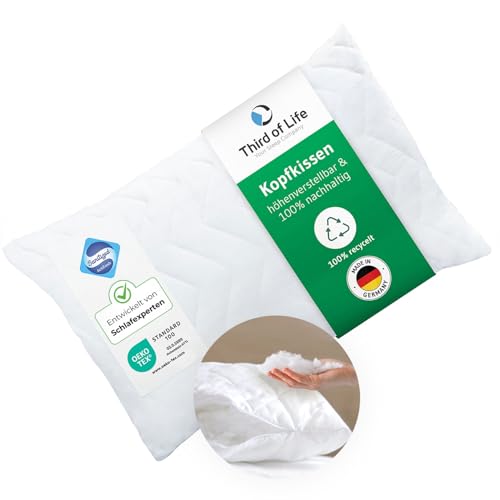 Kopfkissen 70x90 VERDA made in Germany, 100% nachhaltig & ergonomisch, Schlaf-Kissen 70 x 90, Polster aus recycelten Fasern, Höhenverstellbar für Bauchschläfer, Rückenschläfer, Seitenschläfer