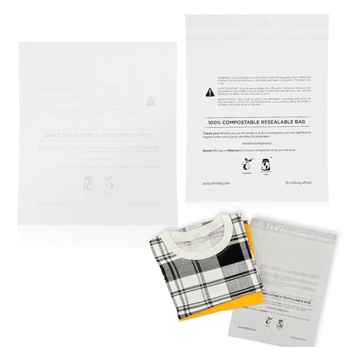 Minliving Plant-Based Cello Bags, 85 Count Compostable Storage Bags, Self-Sealing Translucent Frosted Bag for Clothes Snacks Cosmetics, Biodegradable Packaging with Resealable Closure, Medium