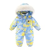 スキーウェア キッズ つなぎ ジャンプスーツ 雪遊び ベビー おしゃれ 子供用アウトドアウェア 防寒着 保温性 厚手 スポーツコート 秋冬用 帽子つき 新年 年賀状 かわいい (スカイブルー，90)