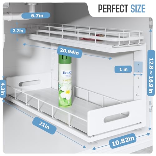 Image of Under Sink Organizer Upgrade To Professional Rails,2-Tier Dual Pull Out Cabinet Storage,Height Adjustable Slide Out Drawers For Bathroom Kitchen,2 Pack-21 inchDx12.8 inch-16.9 inchH,White