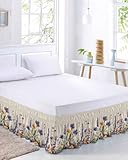 Floral Purple Bed Skirt King Size 18 Inch Drop,Adjustable & Elastic Wrap Around Bed Skirts Pleated Luxury Dust Ruffles for Queen King Bed,Flowers Plants Watercolor Daisies Lavender Spring Summer