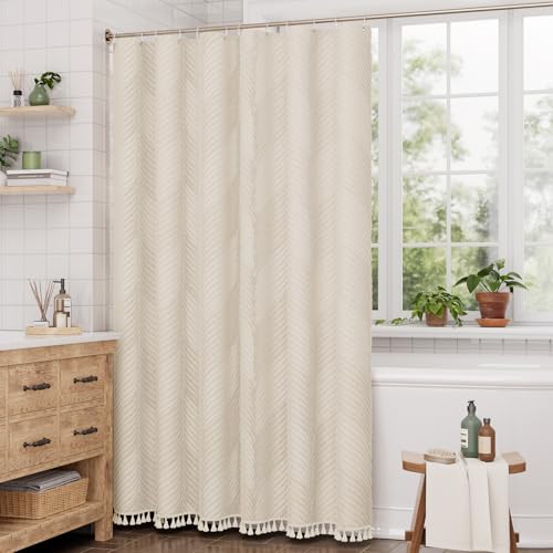 Image of AmazerBath Boho Farmhouse Shower Curtain with Tassels, Soft Cloth Beige Shower Curtain Set, Herringbone Chevron Minimalist Fabric Rustic Shower Curtain with Hooks, Hotel Quality, 72x72 Inches