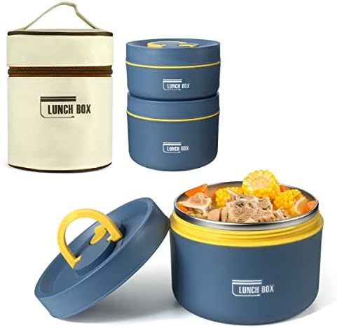 Keweis Insulated Lunch Containers, Thermal Bento Lunch Box, Stackable Stainless Steel Leakproof Food Container, Set of 2 Bento Lunch Boxes with Insulated Lunch Bag, 34 Oz
