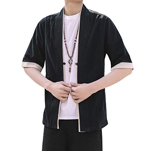 Men\'s Vintage Chinese Shirt Hanfu Style Cardigan Cotton Linen Half Sleeve Japanese Jinbei Haori Jacket (531-BlackA, L) - Thumbnail 2