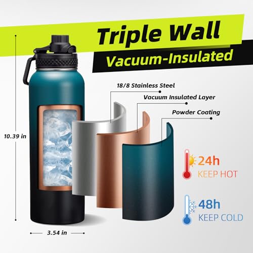 Image of 40 oz Insulated Water Bottle - Cold 48H & Hot 24H, Reusable Metal Water Bottle Hydro Cup with Paracord Handle Straw Spout Lids, Carrier Bag, Wide Mouth Thermal Mug for Sports Fitness Hiking