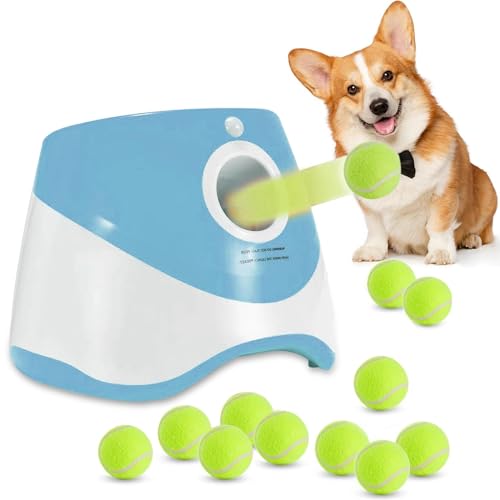YXX-TECH Automatic Dog Ball Thrower Launcher with 12 PCS Tennis Balls,Thrower Distance 10-30ft, Interactive Fetch Machine Toy for Small Dogs (Blue Ball Launcher)