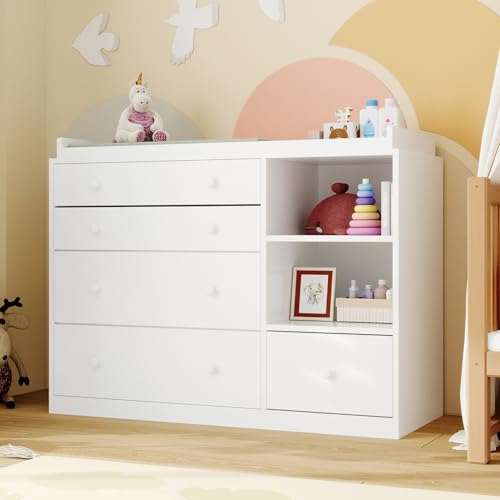 Lovinouse 47″ Baby Nursery Dreser Diaper Changing Table Furniture with 5 Drawers and 2 Shelves, Dresser for Baby Nursery with Storage & Removable Changing Top Station,Bedroom,Children’s Room, White