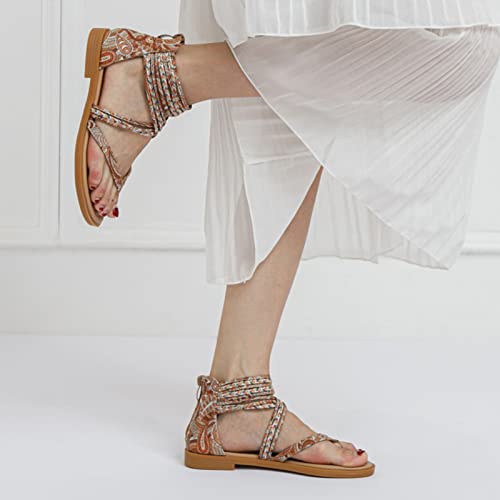 Sandálias femininas de couro largo baixo estilo boêmio étnico novo vintage férias à beira-mar sandál