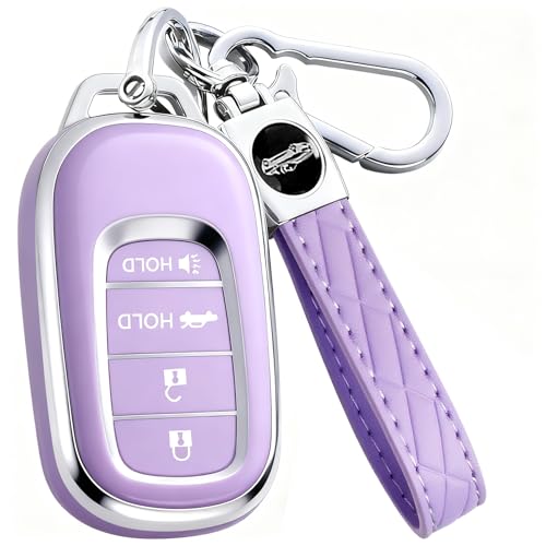 AAWQVRG Key Fob Cover for Honda - Premium Soft TPU Shell Full Protection Case with Keychain Fits Accord Civic HR-V CR-V Pilot Passport Purple 4-Button