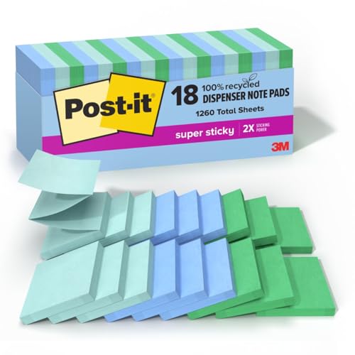 Post-it Super Sticky 100% Recycled Pop-up Notes, Oasis Collection, 3 in. x 3 in., 70 Sheets, 18 Pads, School Supplies and Office Products
