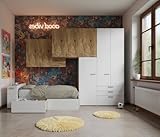 258x376x87 (LXPXH) MOBILFINO CAMERETTE Cameretta a Ponte con Letto Singolo, Armadio e cassettiera - Spazio e Design - Bianco e Quercia, Sinistra