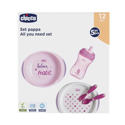 Chicco Set Pappa 12M+, Contiene 1 Tazza, Set di 2 Piatti e Posate, Forchetta e Cucchiaio, Set Svezzamento Bambini, Rosa, Bimba