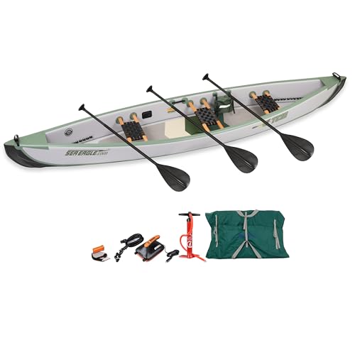Sea Eagle TC16 Inflatable 16’ High Pressure Drop Stitch Travel Canoe-Wood Web Seats, Pump, Bag and Optional Paddles for Lakes, Rivers & Bays-Easy to Transport, Pack & Stow (TC16 3 Person EP Package)