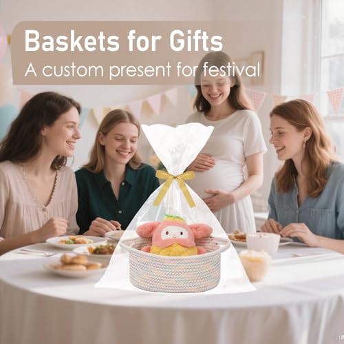 Image of JMvicyroam Small Woven Basket, Empty Gift Basket, Colorful /2 Pack | Small Gift Basket, Cotton Rope, 12 x 8 x 49 in, Handles, Includes Ribbon and Bag, Birthday Gift Basket