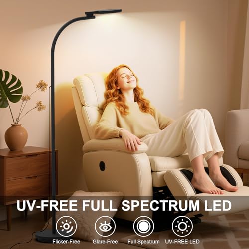 Image of Light Therapy Lamp 10000 Lux UV-Free Sun Floor Lamp, 360 Gooseneck Happy Lamp with 5 Colors & 5 Brightness Levels & Remote Control + Touch Dual Control (Black)