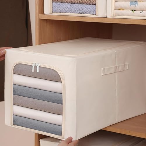 Image of Yellow Weaves 3 Pcs Clothes Organizer for Wardrobe, Foldable, Stackable, Space Saver Closet Basket, Cupboard Almirah Organizer, Storage Box for Clothes (Ivory, Regular)