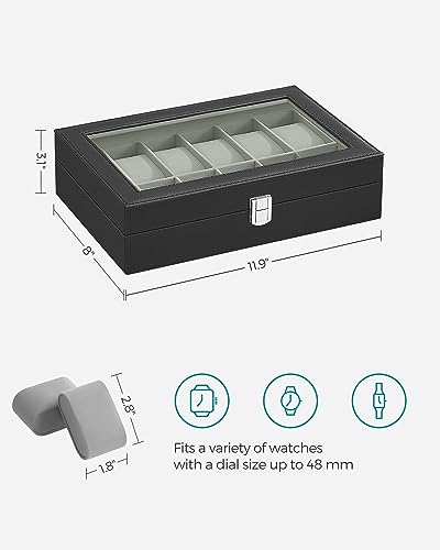 SONGMICS 12-Slot Watch Box, Watch Holder with Glass Lid, Watch Case with Removable Watch Pillow, Velvet Lining, Metal Clasp, Watch Display, Black Synthetic Leather, Gray Lining UJWB12BK