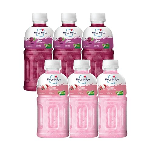 Image of Mogu Mogu Lychee & Grape Juice Drink with Nata de Coco Jelly 320ml (Pack of 6)| Refreshing Tropical Thai-Made Sip & Chew Beverage