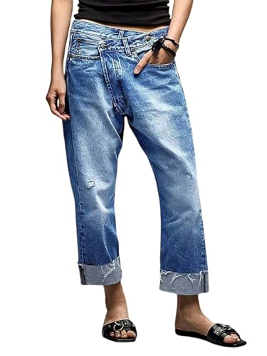 Flamingals Straight Leg Jeans for Women Wrap Mid Rise Cuffed Casual Wash Roll Raw Hem Cropped Denim Pants