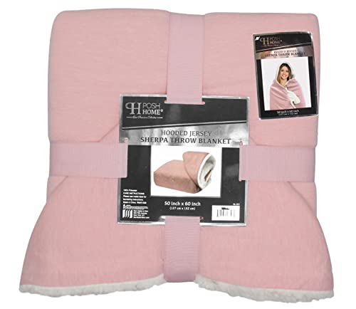 Posh Home Hooded Jersey Knit Reversible Sherpa Throw Blanket, 50" X 60" (Cotton Blend Blush) #TOP2
