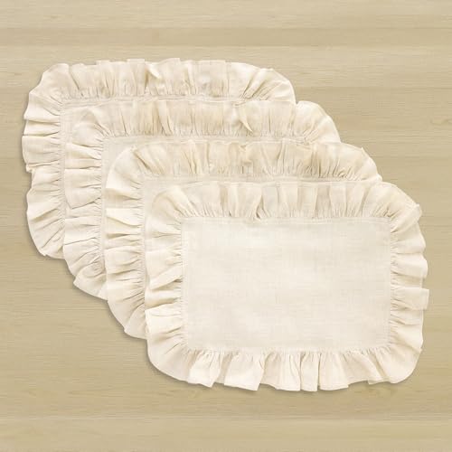 Solino Home Linen Placemats Set of 4-100% Pure Linen Light Natural Placemats 14 x 19 Inch for Summer - Gabrielle Ruffle, Handcrafted and Machine Washable by Solino Home - Used condition - US$36.79