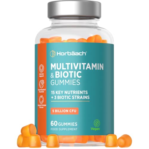 Multivitamin Biotic Gummies for Women and Men | 60 Count | Orange Flavour | 15 Essential Nutrients with 3 Biotic Strains for Daily Support | 5 Billion CFU | Vegan Supplement | By Horbaach