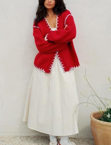 Yimoon Chunky Cardigan Sweater for Women Contrast Stitching V Neck Long Sleeve Button Down Loose Fall Knitted Sweater4