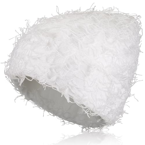 Chuarry Distressed Knitted Beanie Fuzzy Winter Hats Thick Warm Y2k Beanie Snow Knit Cap Skull for Women Men(Assorted White,Regular Style)