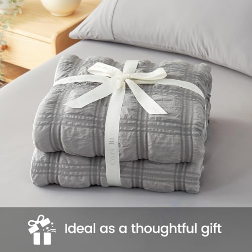 Cozy Bliss Cooling Comforter Queen Size Seersucker Plaid, Q-Max 0.4 Reversible Lightweight Cooling Blanket, Breathable Silk Smooth Summer Bedding Quilt for Hot Sleepers Night Sweats Dark Grey