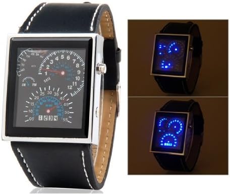 Japanese Movement Racing Car Dashboard Design Square Shaped LED Watch with Faux Leather Strap (Black) M.