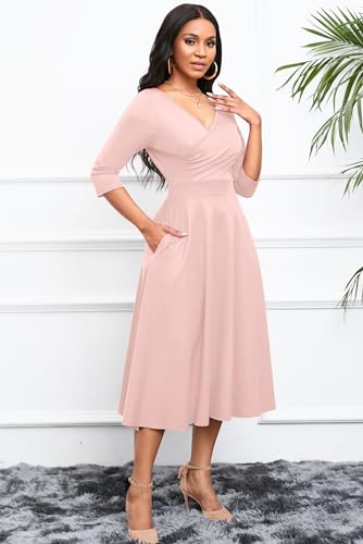Nmoder Women's Casual Wrap Flared Midi Dress Wedding Guest Cocktail Tea Dresses A-Line Swing V-Neck 3/4 Sleeve3